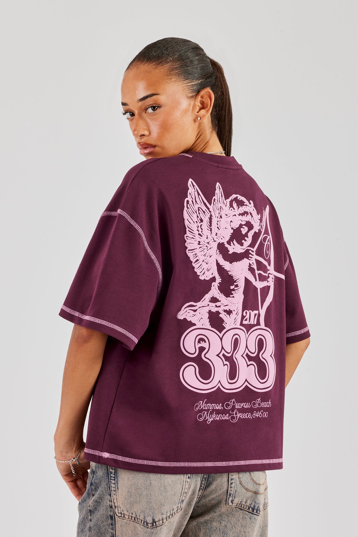 333 Cherub & Bow Oversized T-Shirt - Berry